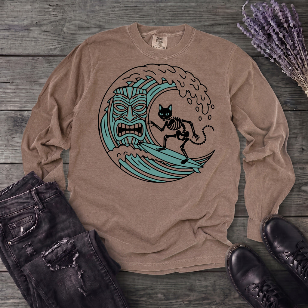 Surfing Cat Skeleton Long Sleeve T-Shirt