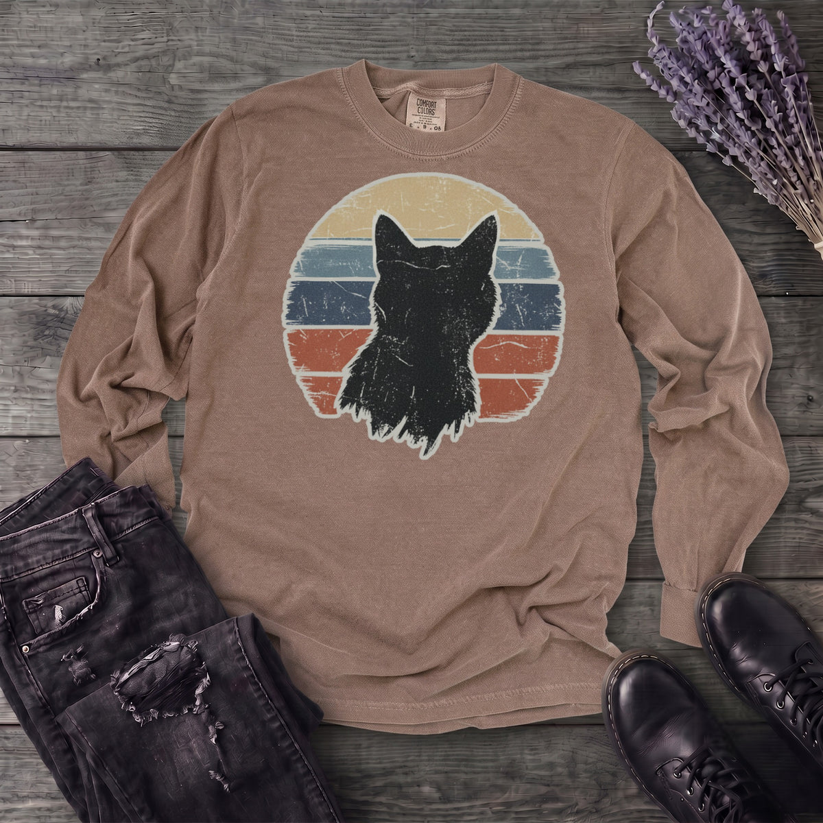 Cat Silhouette Sunset Grunge Long Sleeve T-Shirt