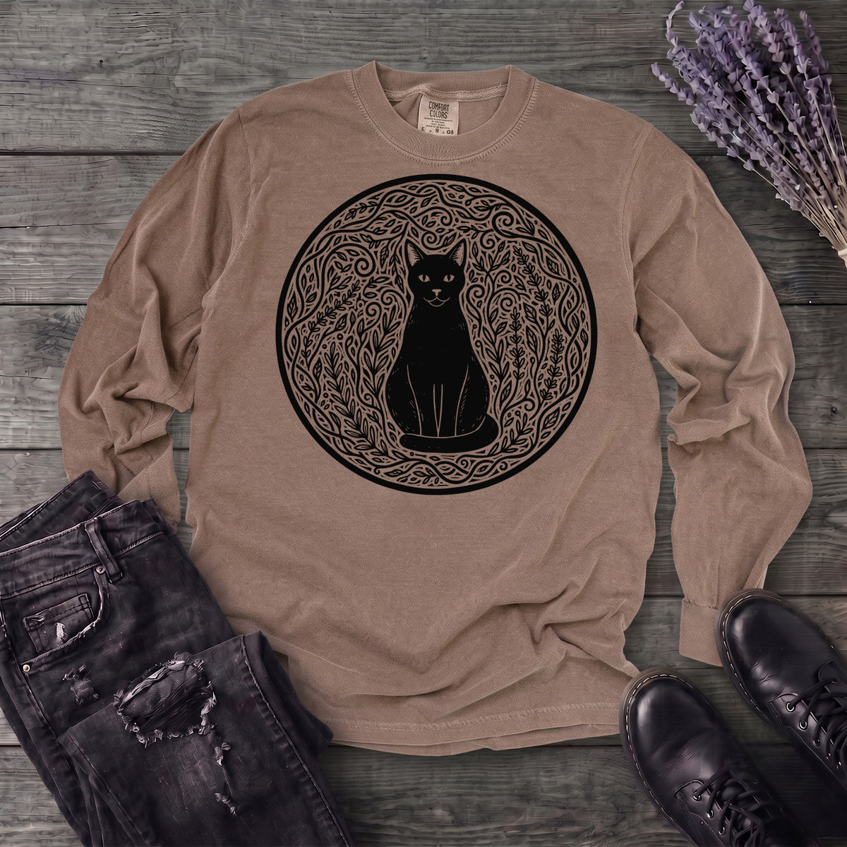garden cat linocut Long Sleeve T-Shirt