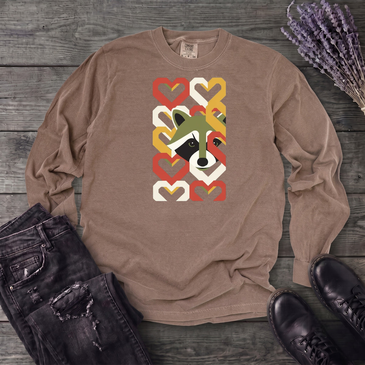 Geometric Hearts Raccoon Long Sleeve T-Shirt