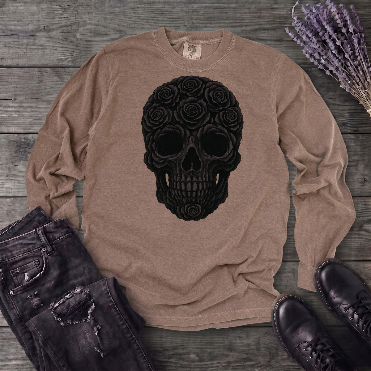 Black Rose Skull Long Sleeve T-Shirt