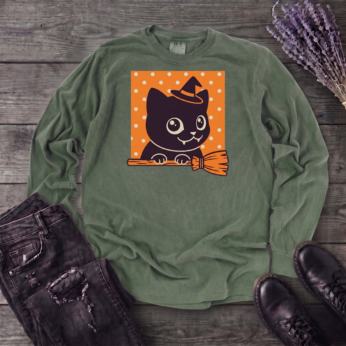 Broomstick Kitty Long Sleeve T-Shirt