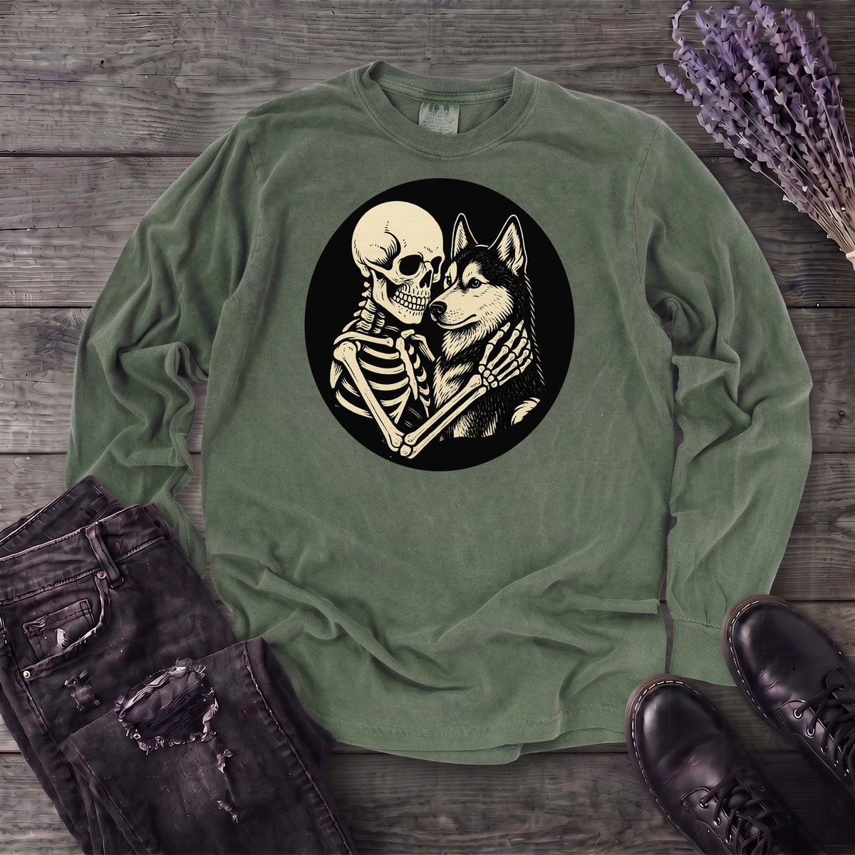 Skeleton Husky Hug Long Sleeve T-Shirt