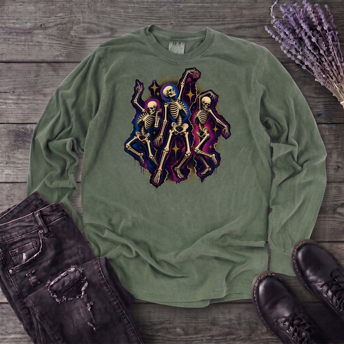 Textured Dancing Skeletons Long Sleeve T-Shirt