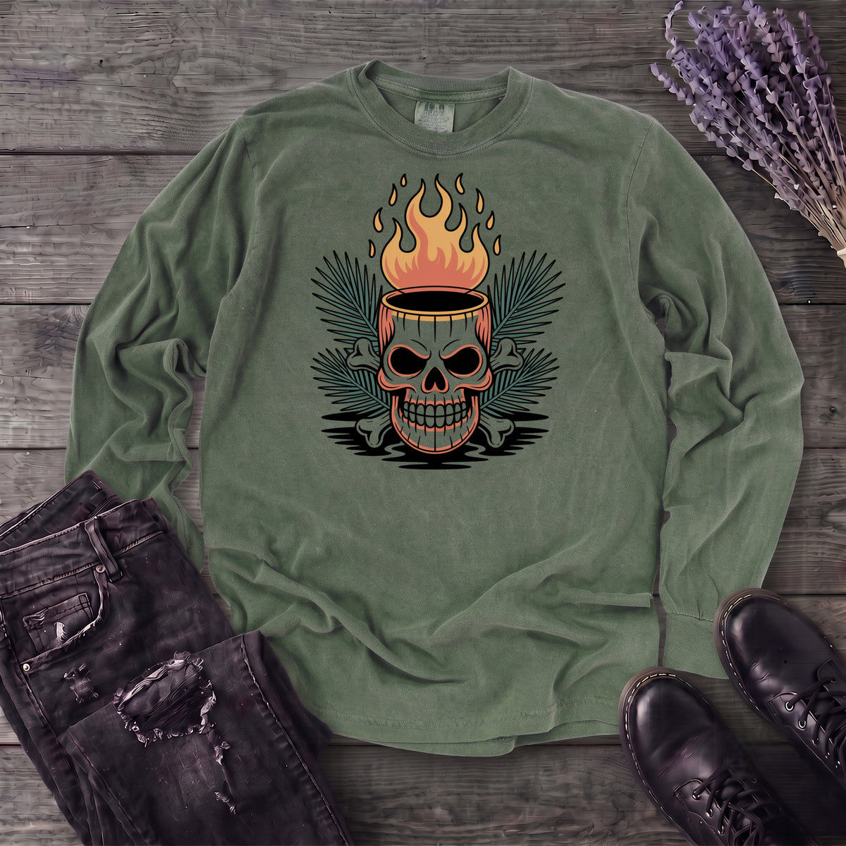 Tiki Skull Drink Long Sleeve T-Shirt