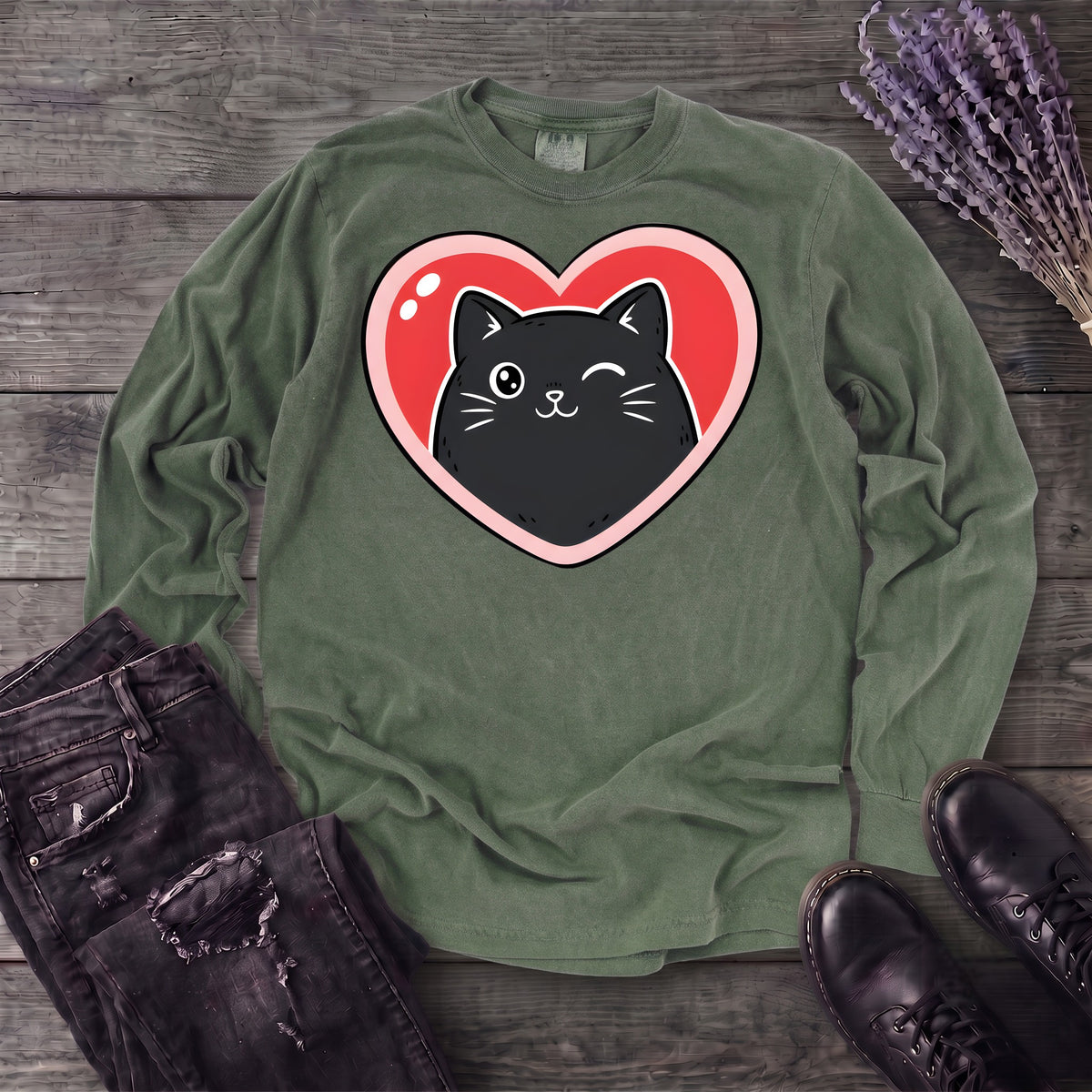Winking Black Cat Heart Long Sleeve T-Shirt