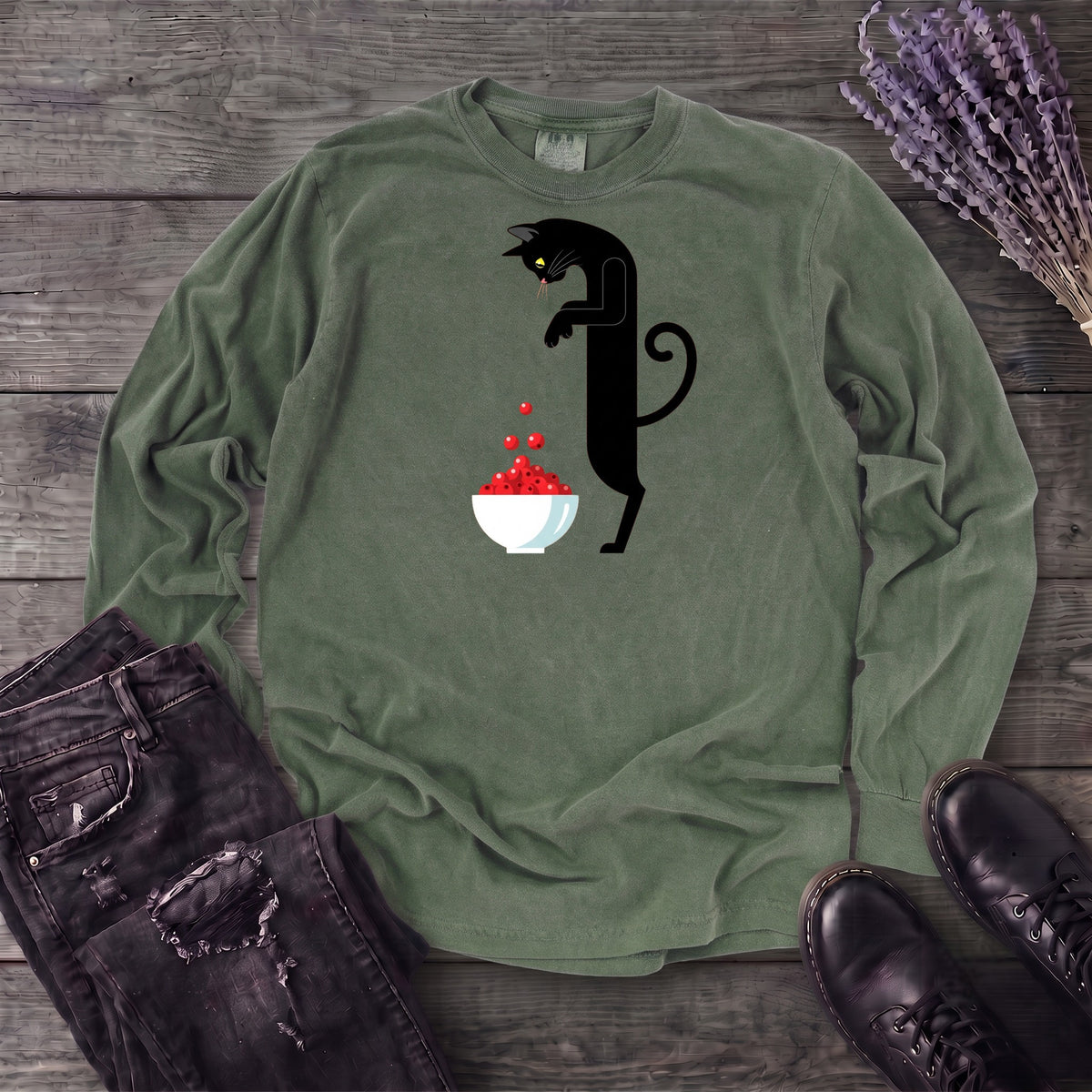 Black Cat And Cranberries Long Sleeve T-Shirt