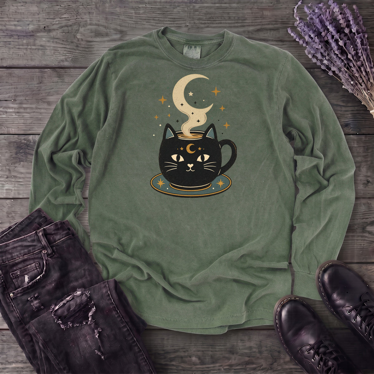 Celestial Cat Coffee Long Sleeve T-Shirt