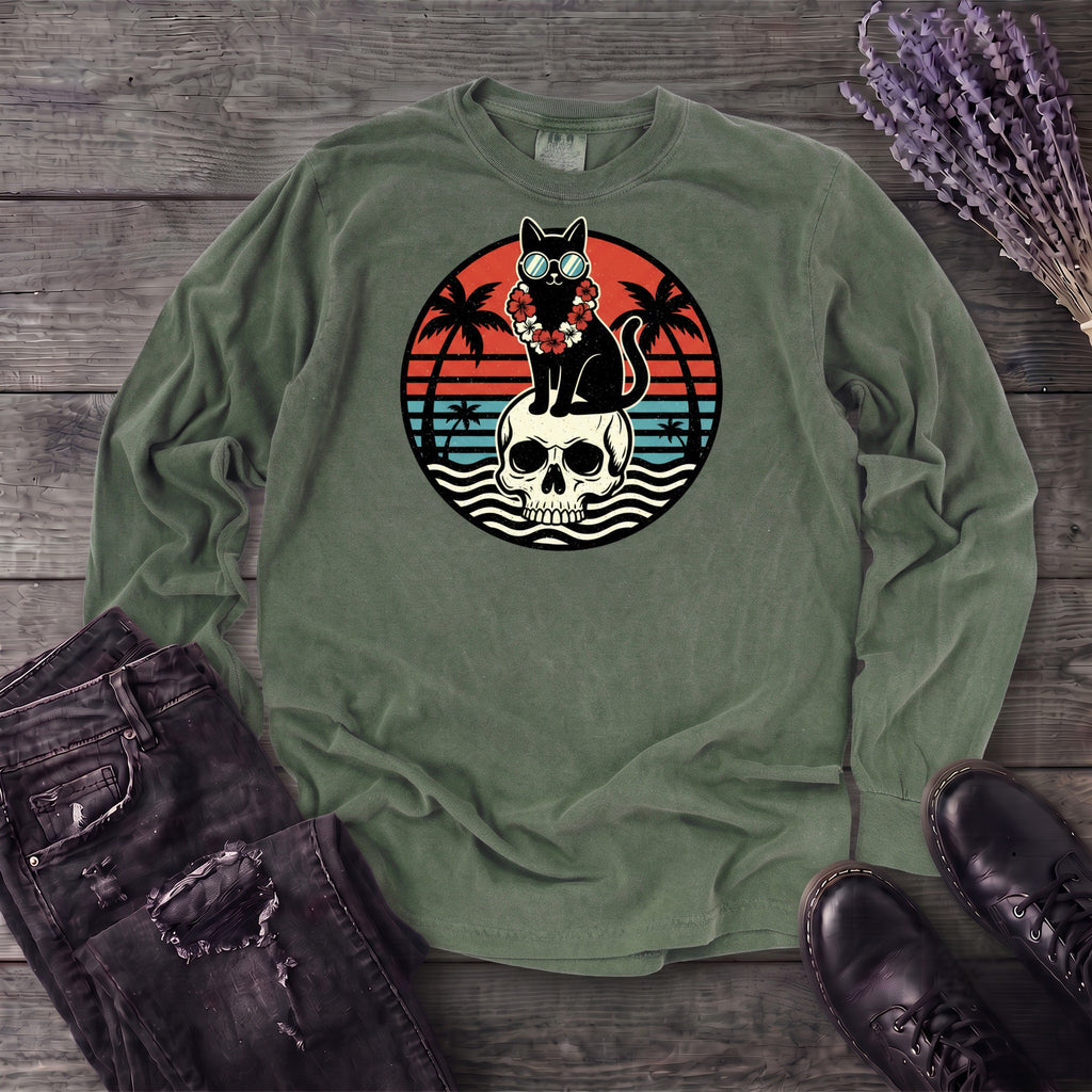 Tropical Cat and Skull Long Sleeve T-Shirt