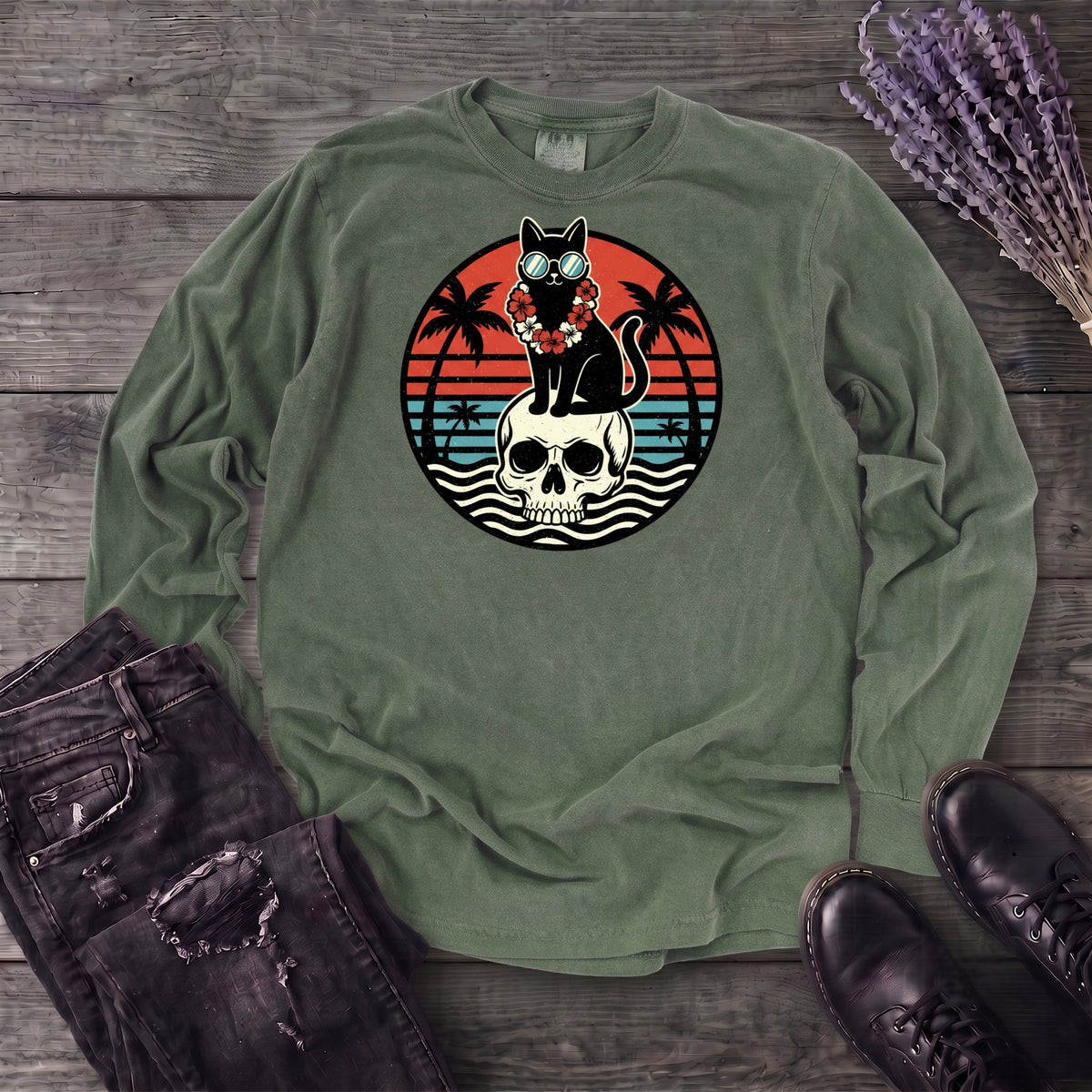 Tropical Cat and Skull Long Sleeve T-Shirt