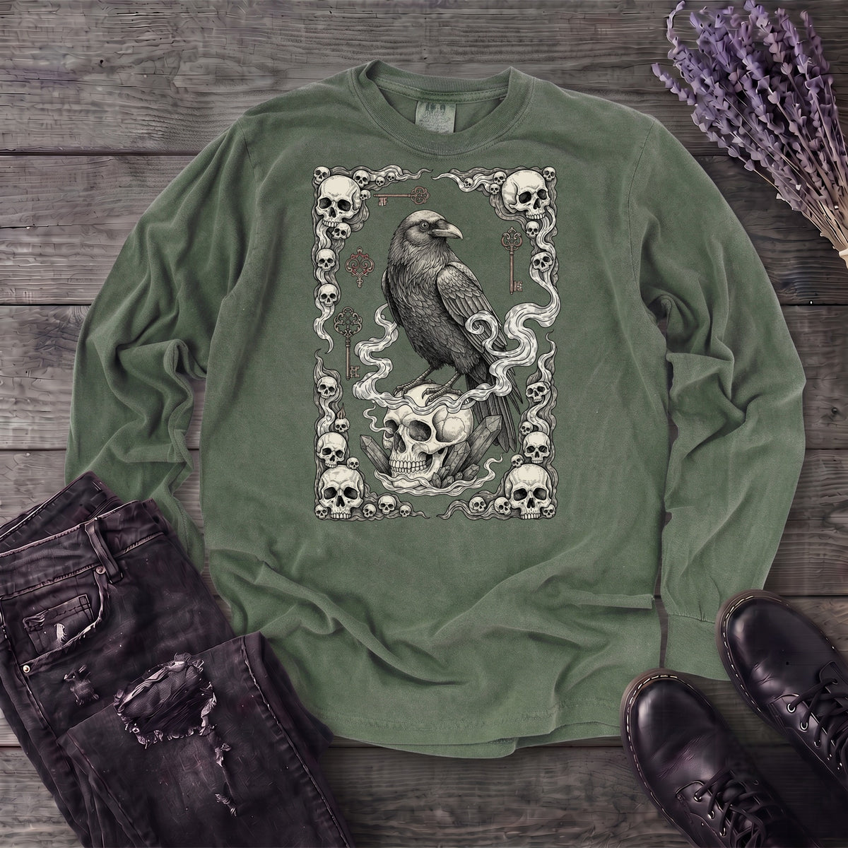 Raven Skull Card Long Sleeve T-Shirt