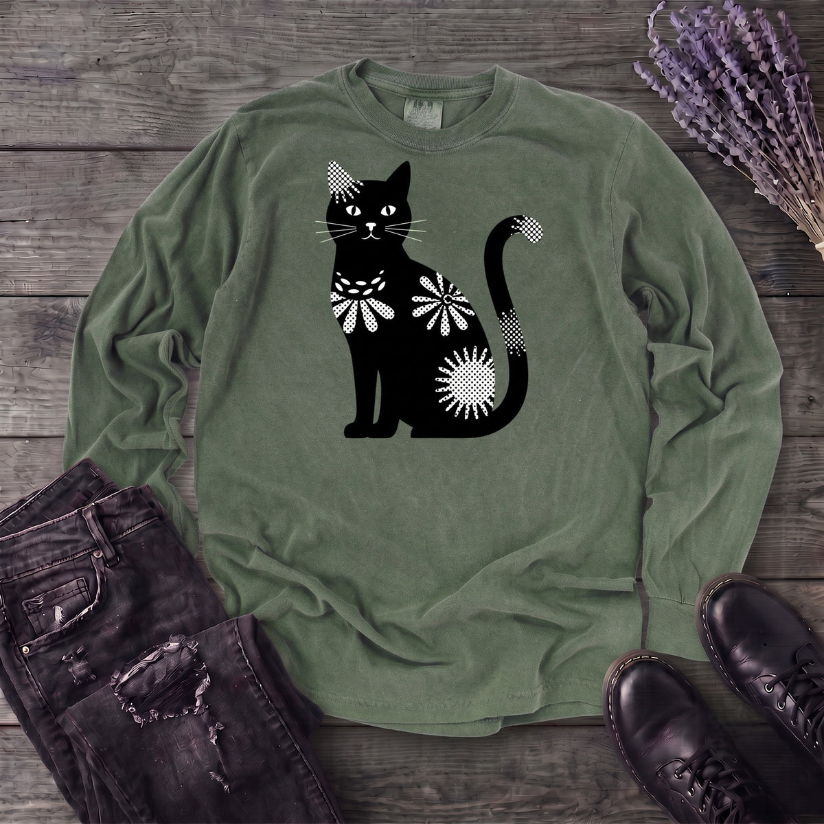 Retro Texture Black Cat Long Sleeve T-Shirt