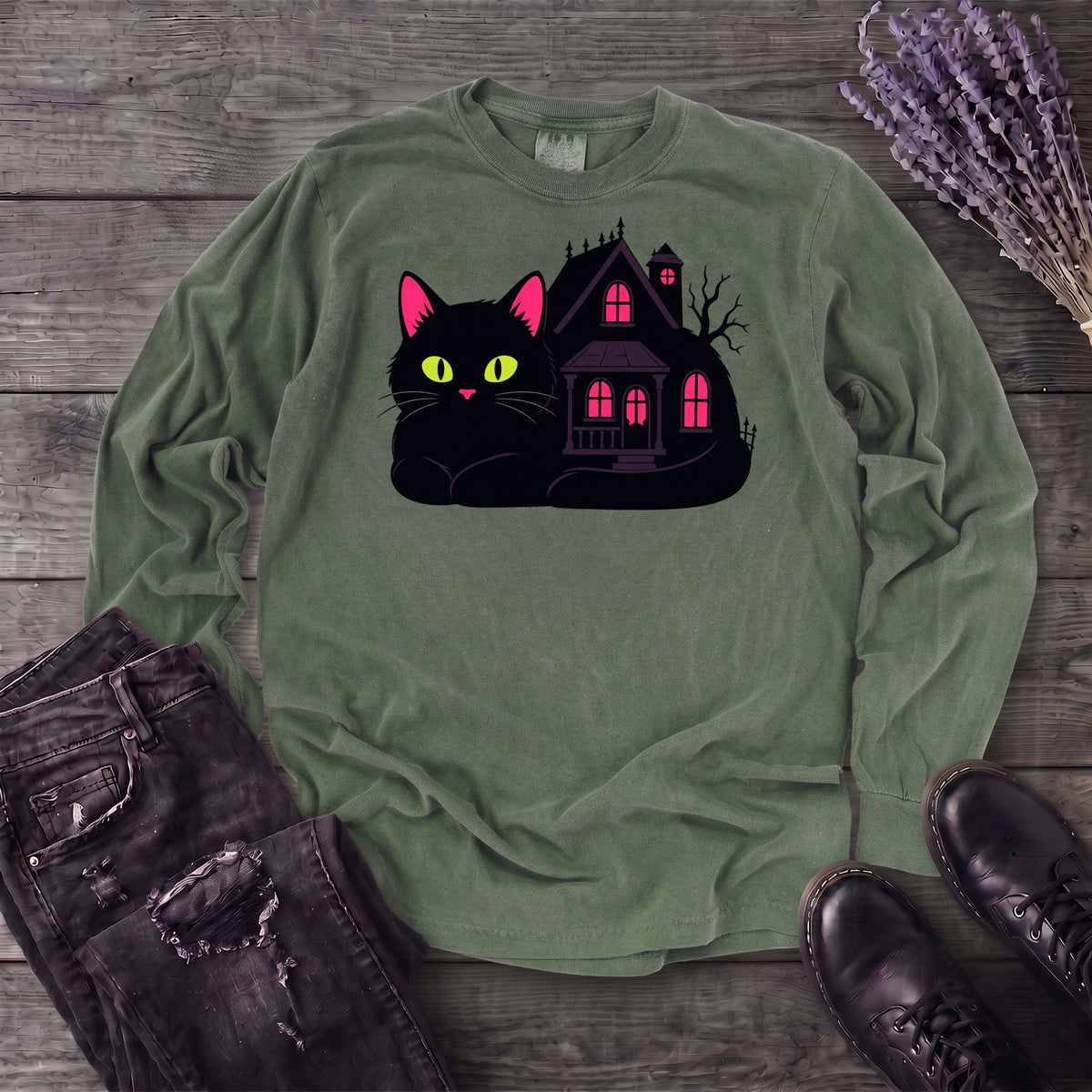 Black Cat Haunted House Long Sleeve T-Shirt