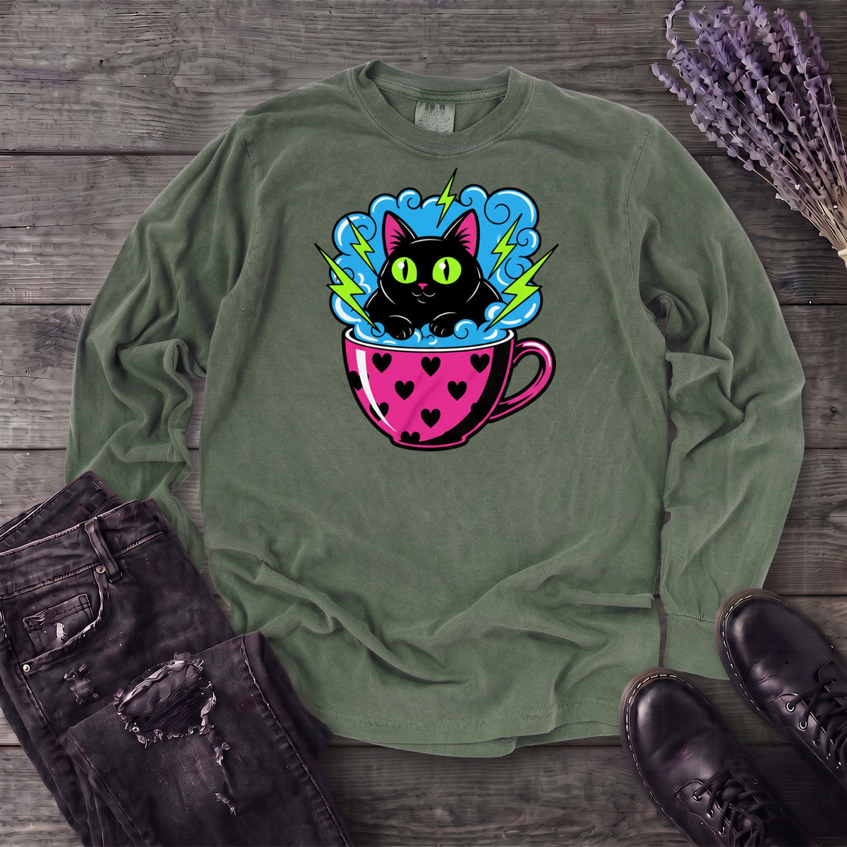 Cat Heart Mug Y2k 90s Long Sleeve T-Shirt