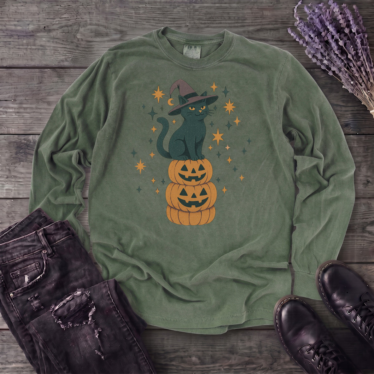 Stacked Cat and Pumpkins Long Sleeve T-Shirt