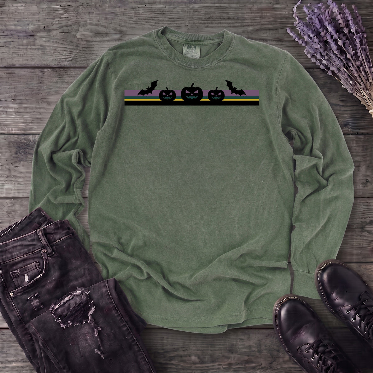 Bats Jack O Lantern Stripe Long Sleeve T-Shirt