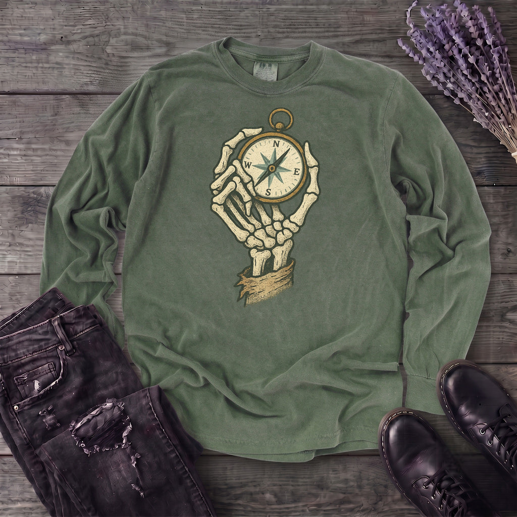 Nautical Compass Skeleton Hand Long Sleeve T-Shirt