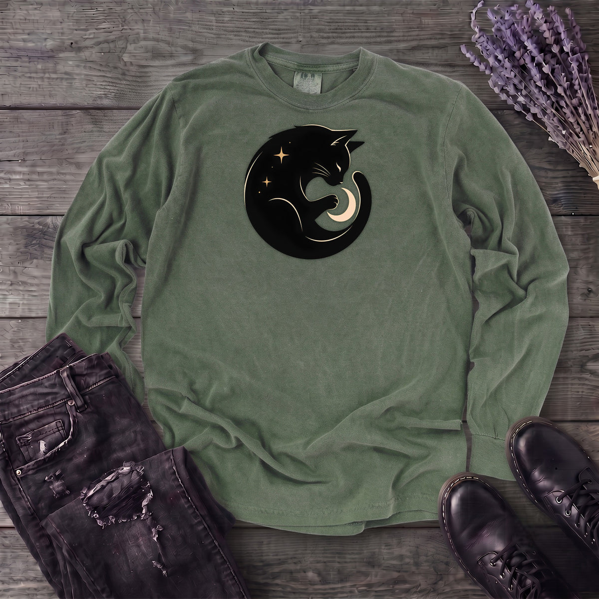 Cat and Moon Long Sleeve T-Shirt