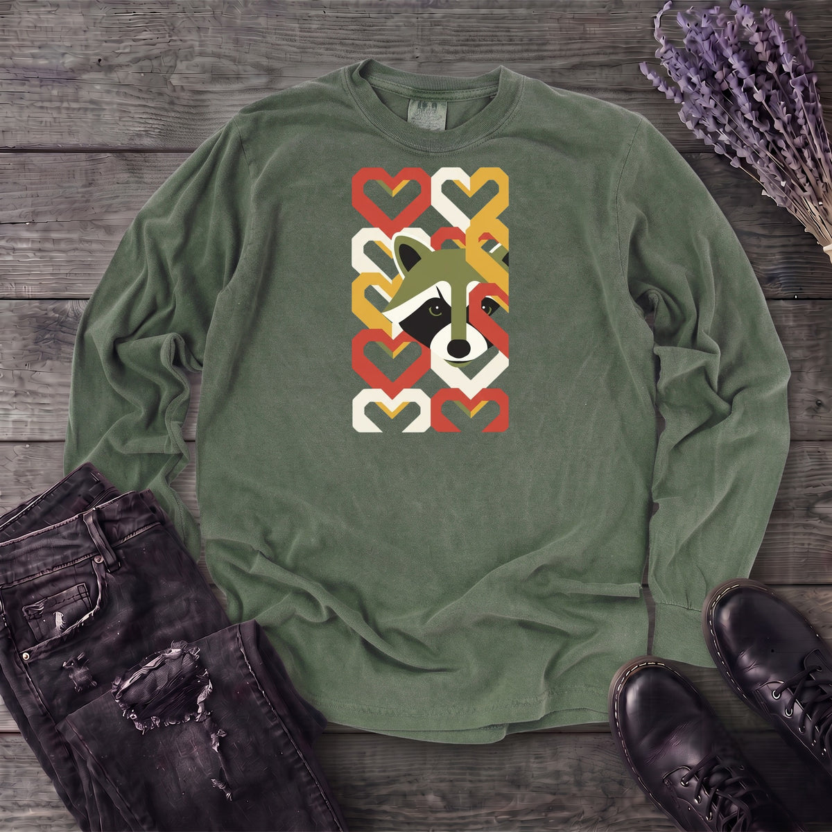 Geometric Hearts Raccoon Long Sleeve T-Shirt