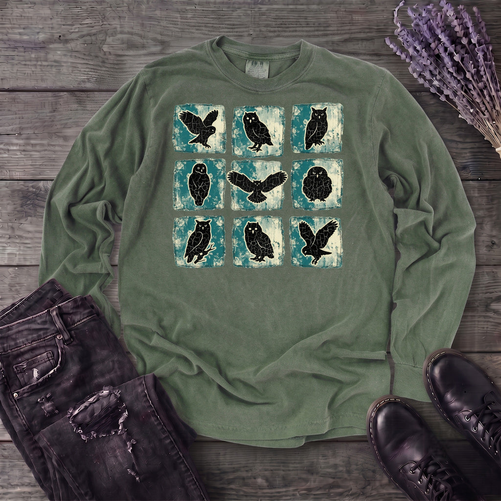 Grunge Owl Grid Long Sleeve T-Shirt