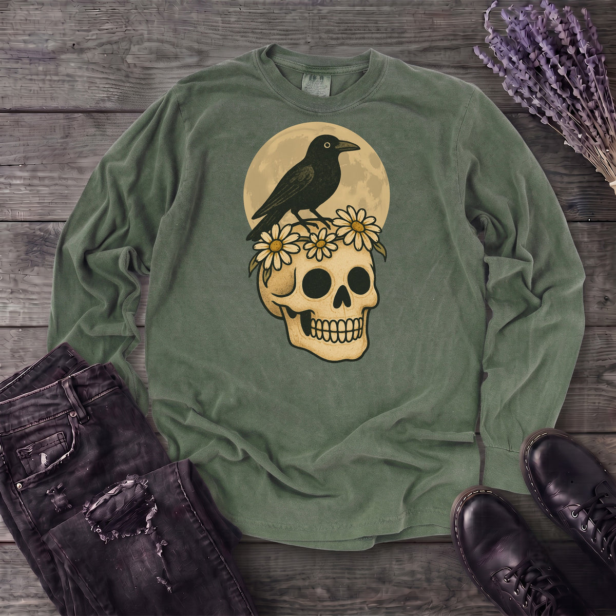 Crow On Skull Long Sleeve T-Shirt