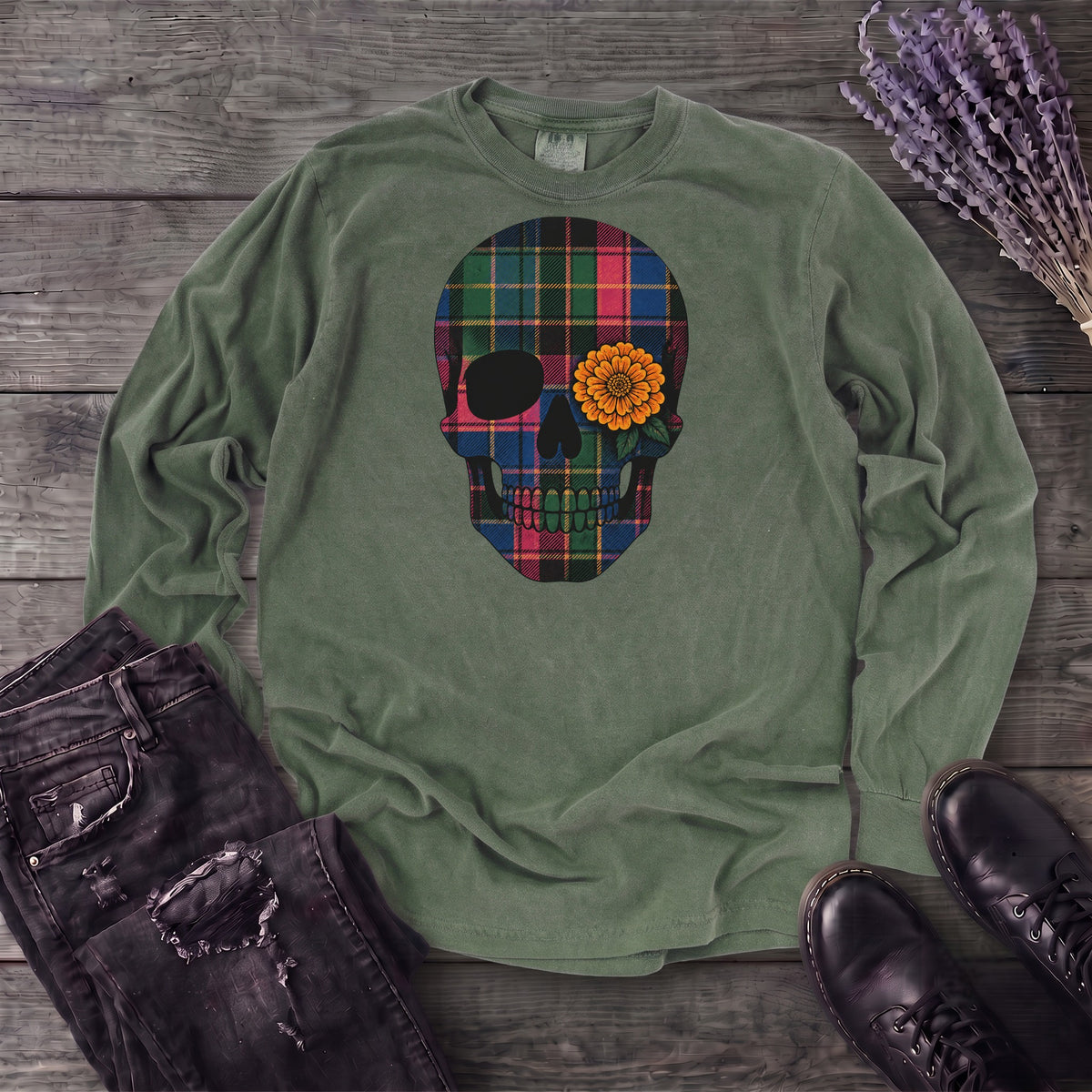 Bright Plaid Skull Long Sleeve T-Shirt