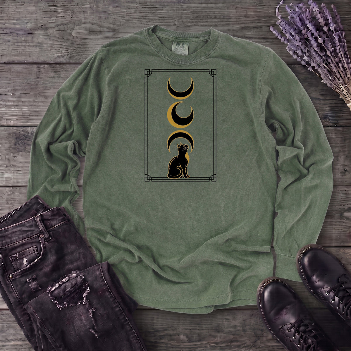 art deco black cat moon phases Long Sleeve T-Shirt