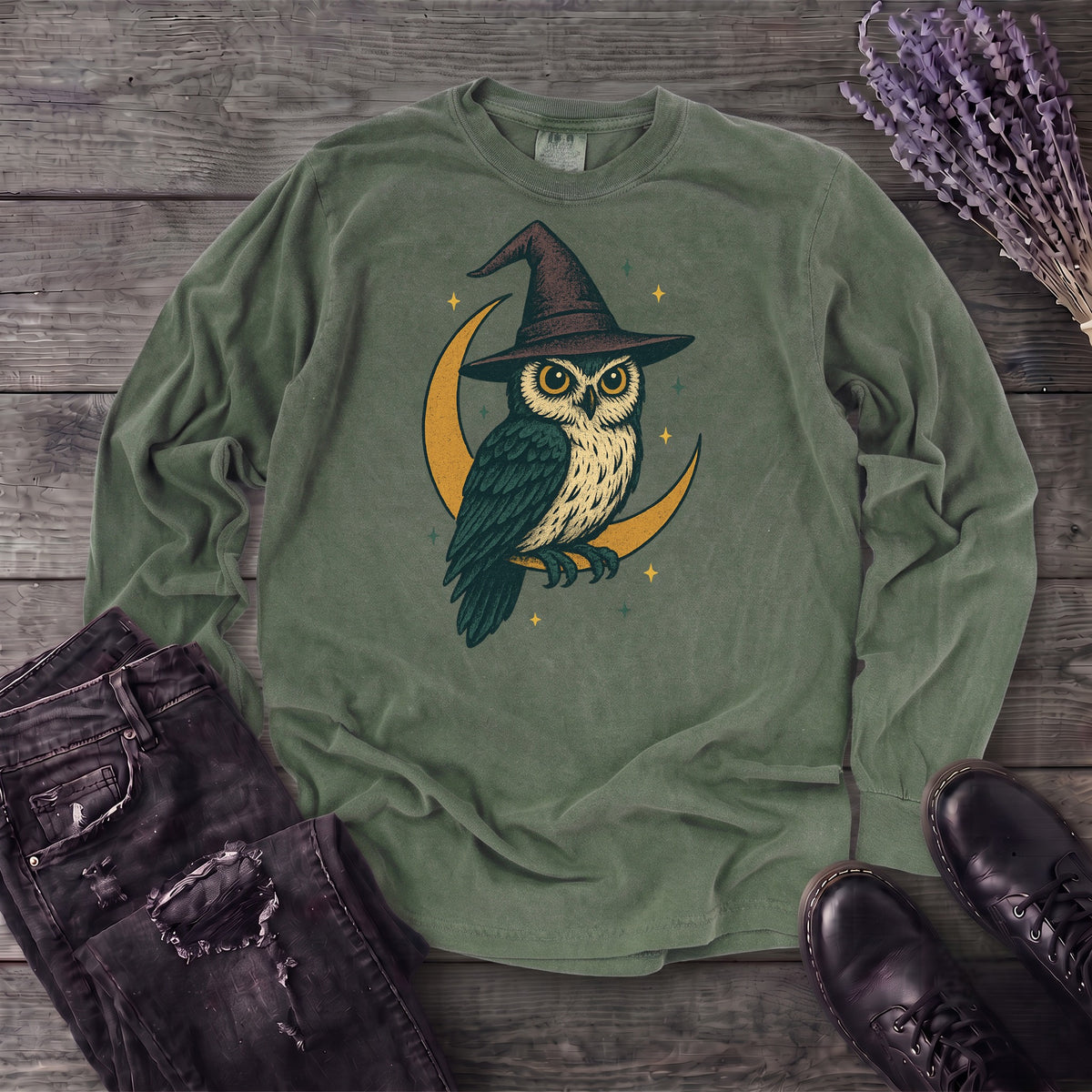 crescent moon witch owl Long Sleeve T-Shirt