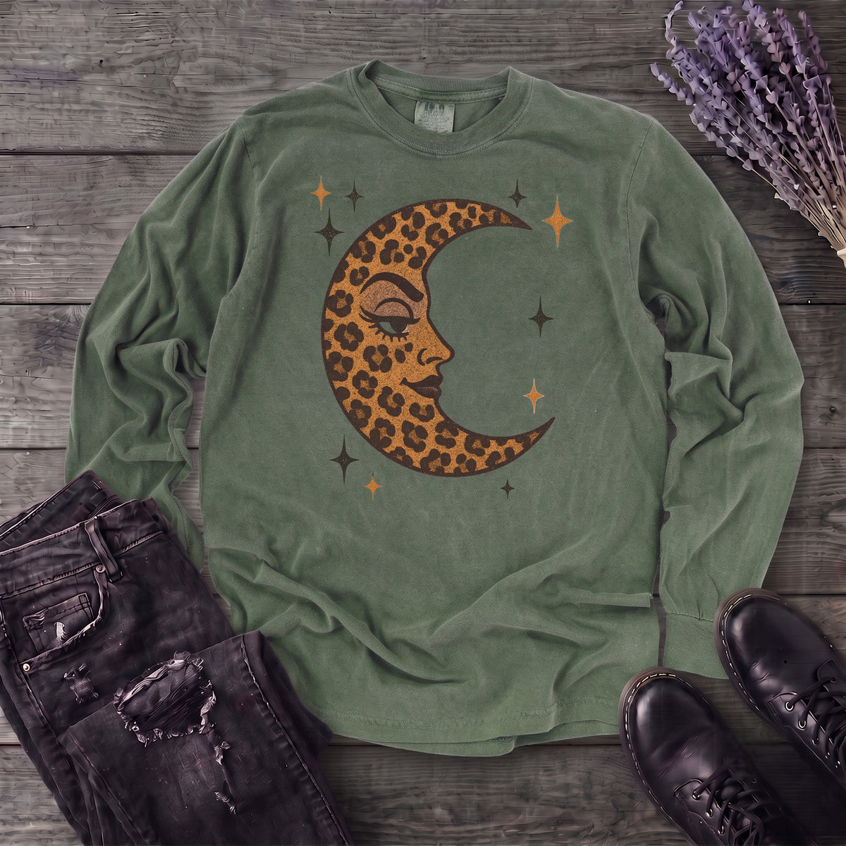 Leopard Print Crescent Moon Long Sleeve T-Shirt