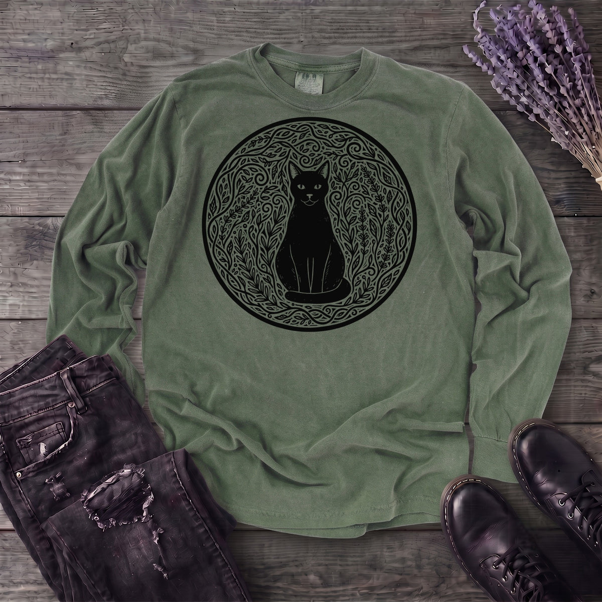 garden cat linocut Long Sleeve T-Shirt