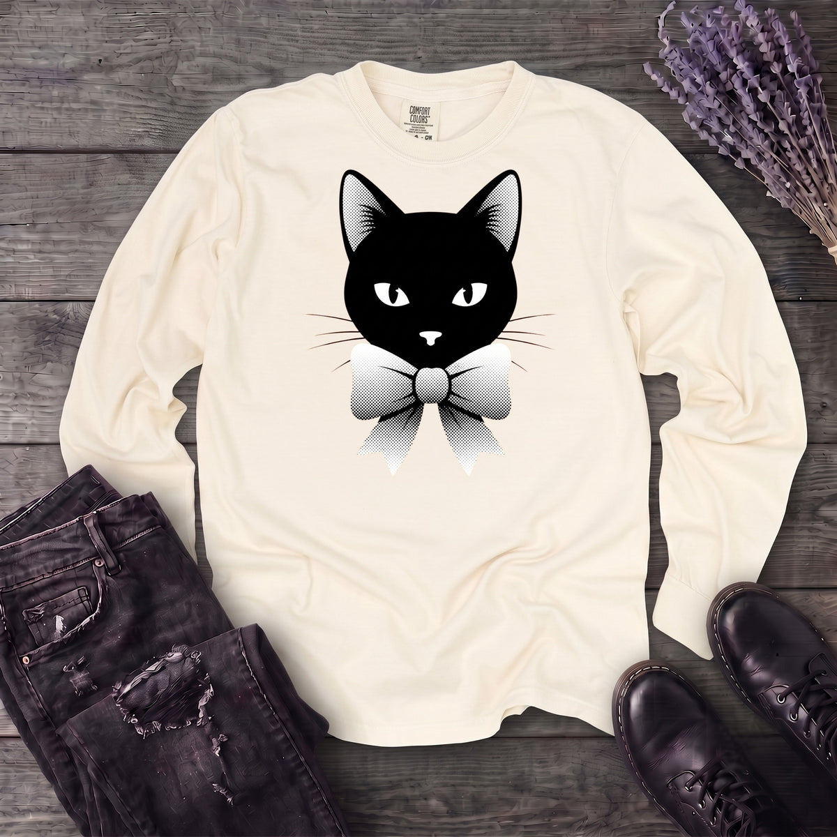 Retro Halftone Coquette Black Cat Long Sleeve T-Shirt