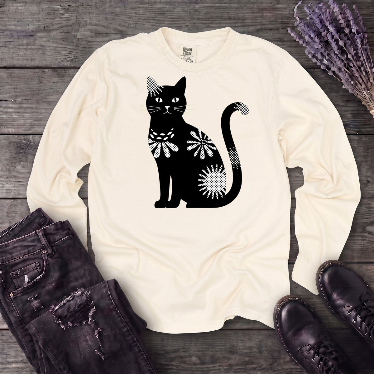Retro Texture Black Cat Long Sleeve T-Shirt