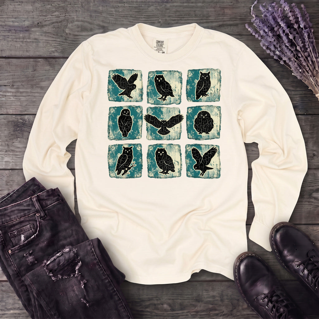 Grunge Owl Grid Long Sleeve T-Shirt