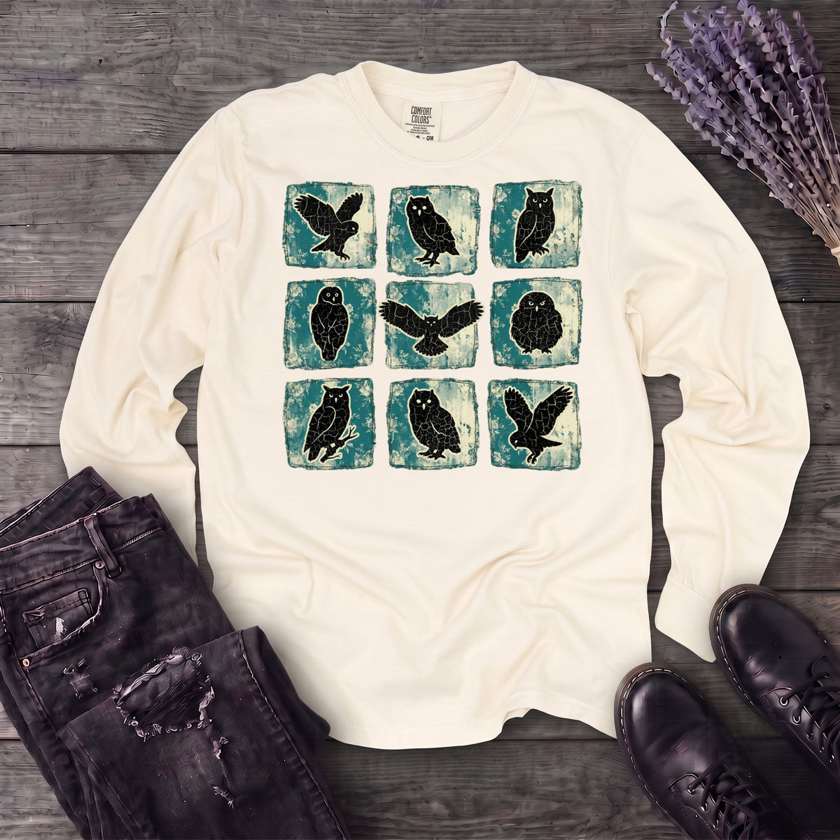 Grunge Owl Grid Long Sleeve T-Shirt