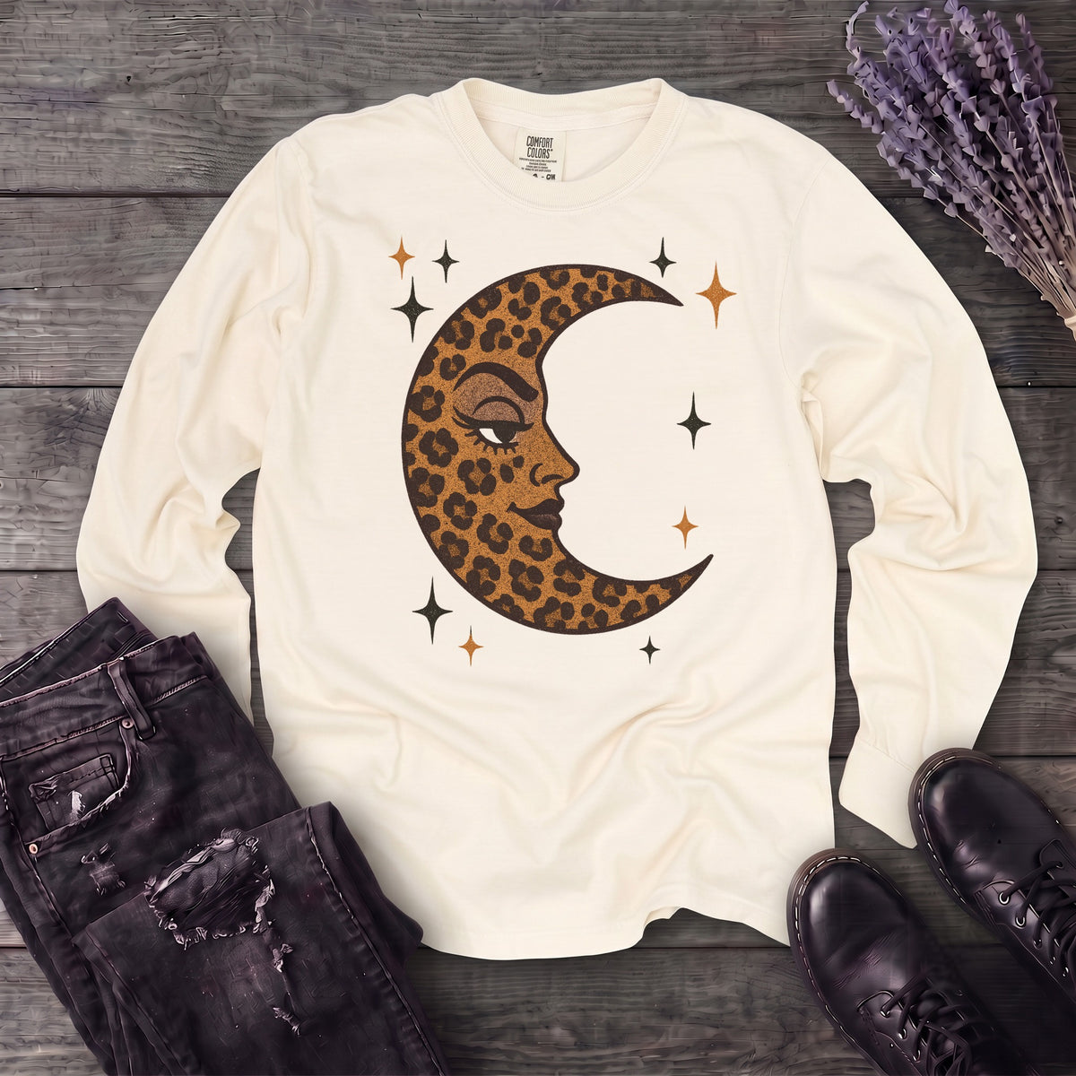 Leopard Print Crescent Moon Long Sleeve T-Shirt