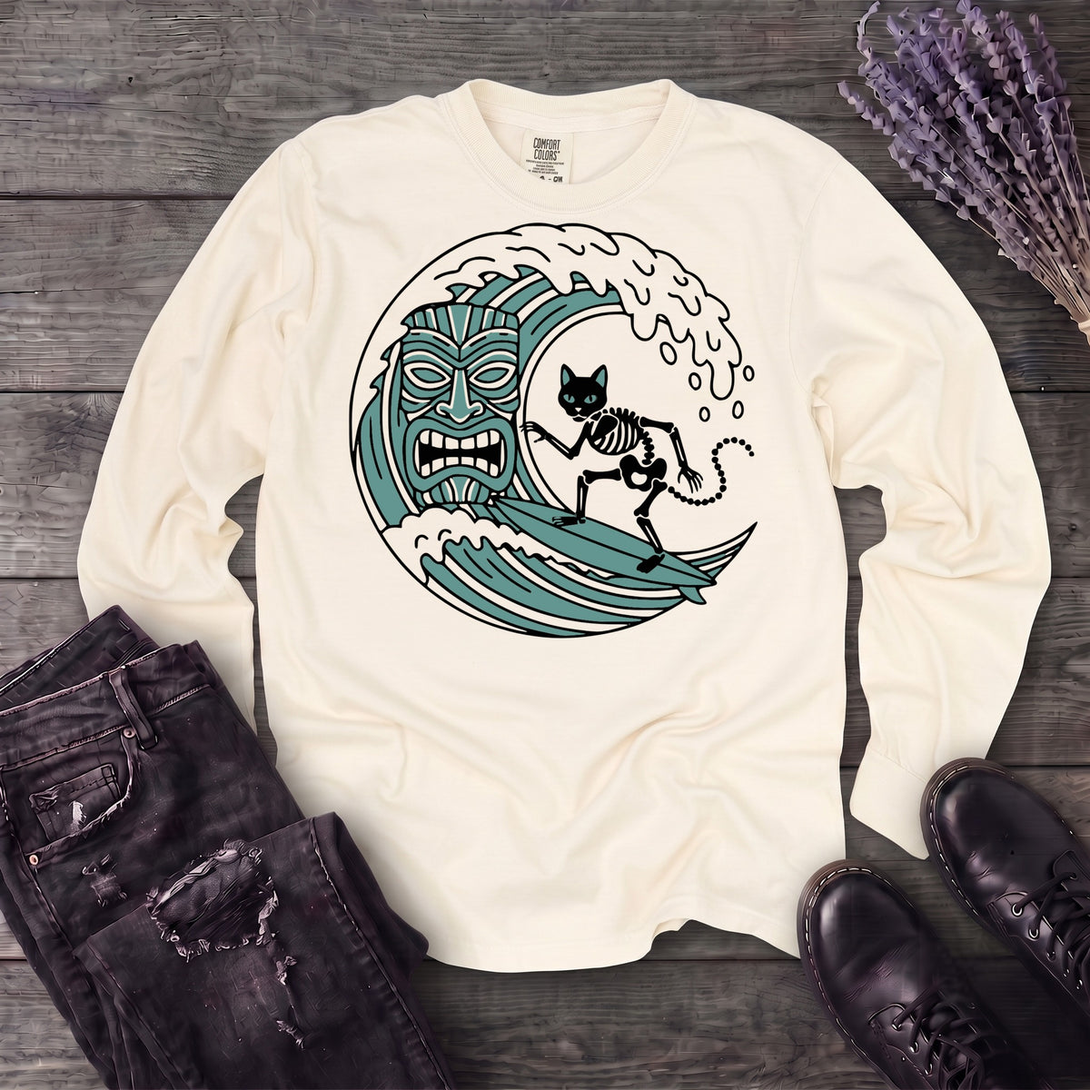 Surfing Cat Skeleton Long Sleeve T-Shirt