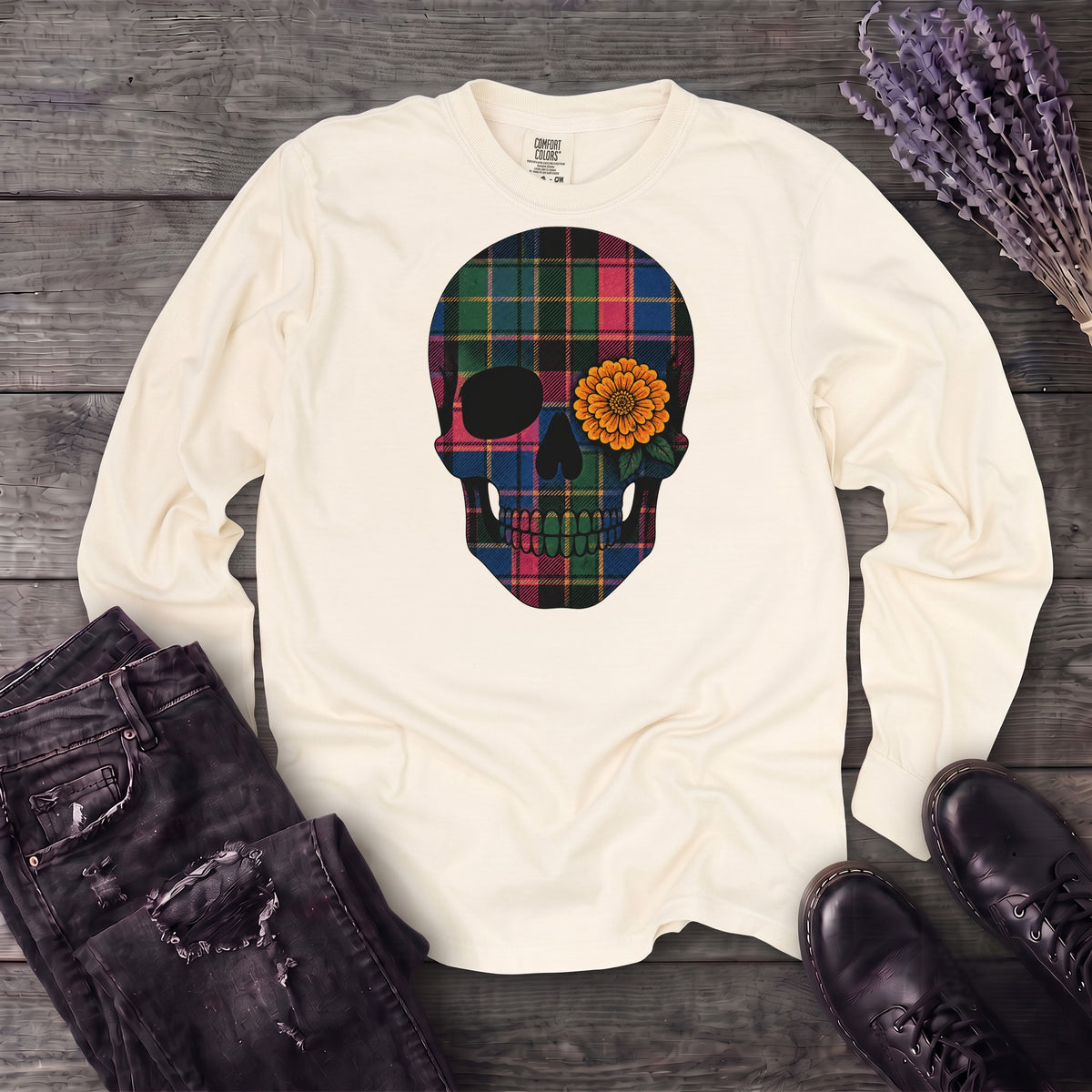 Bright Plaid Skull Long Sleeve T-Shirt