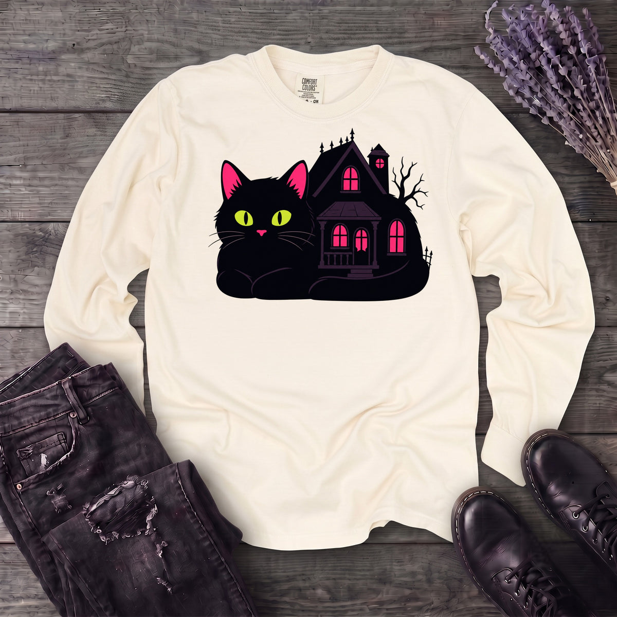 Black Cat Haunted House Long Sleeve T-Shirt