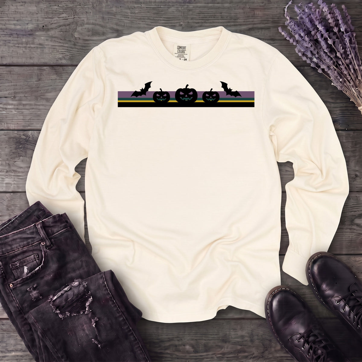 Bats Jack O Lantern Stripe Long Sleeve T-Shirt