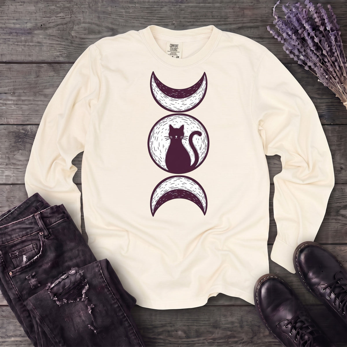 Triple Moon Goddess Cat Long Sleeve T-Shirt