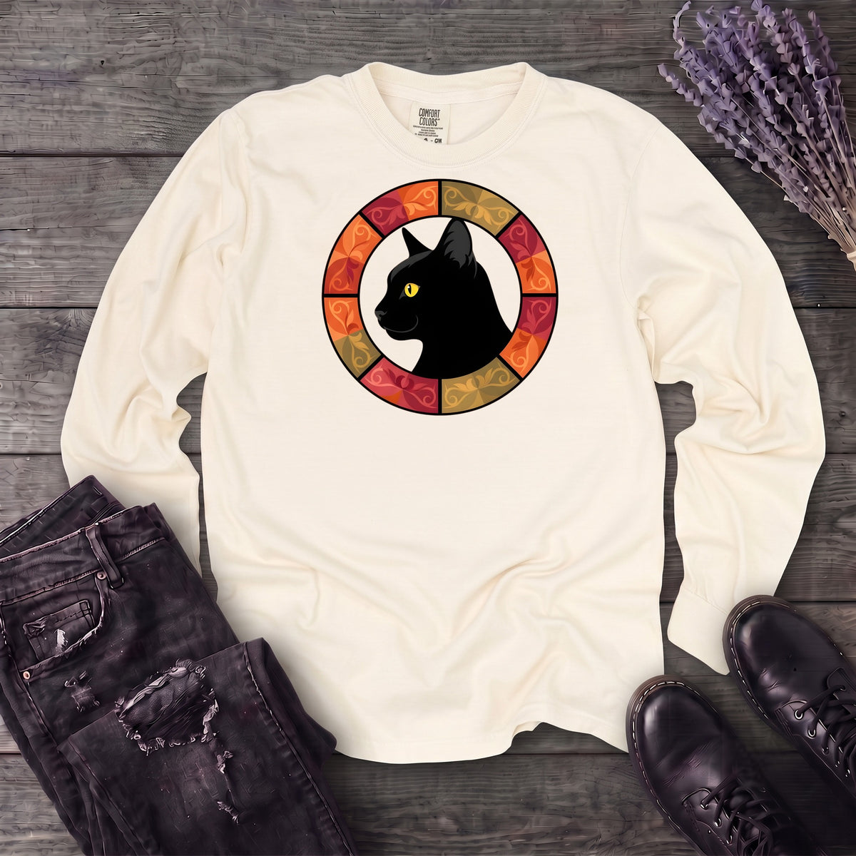 Black Cat Autumn Medallion Long Sleeve T-Shirt