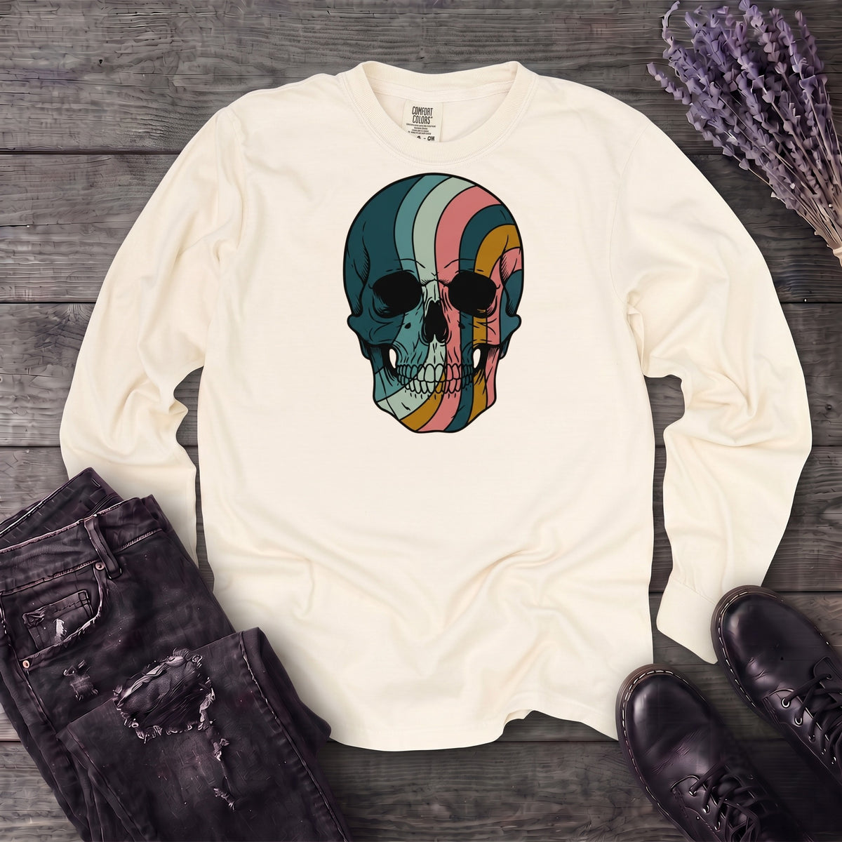 Psychedelic Striped Skull Long Sleeve T-Shirt