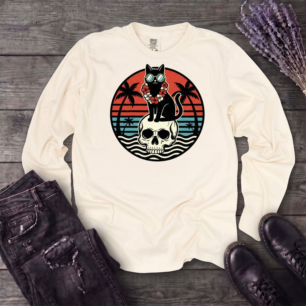 Tropical Cat and Skull Long Sleeve T-Shirt