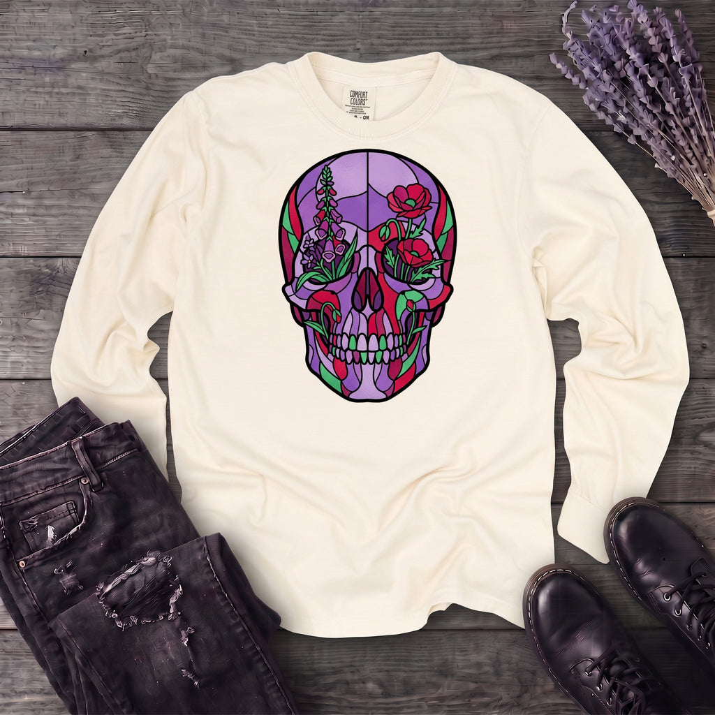 botanical stained glass skull Long Sleeve T-Shirt
