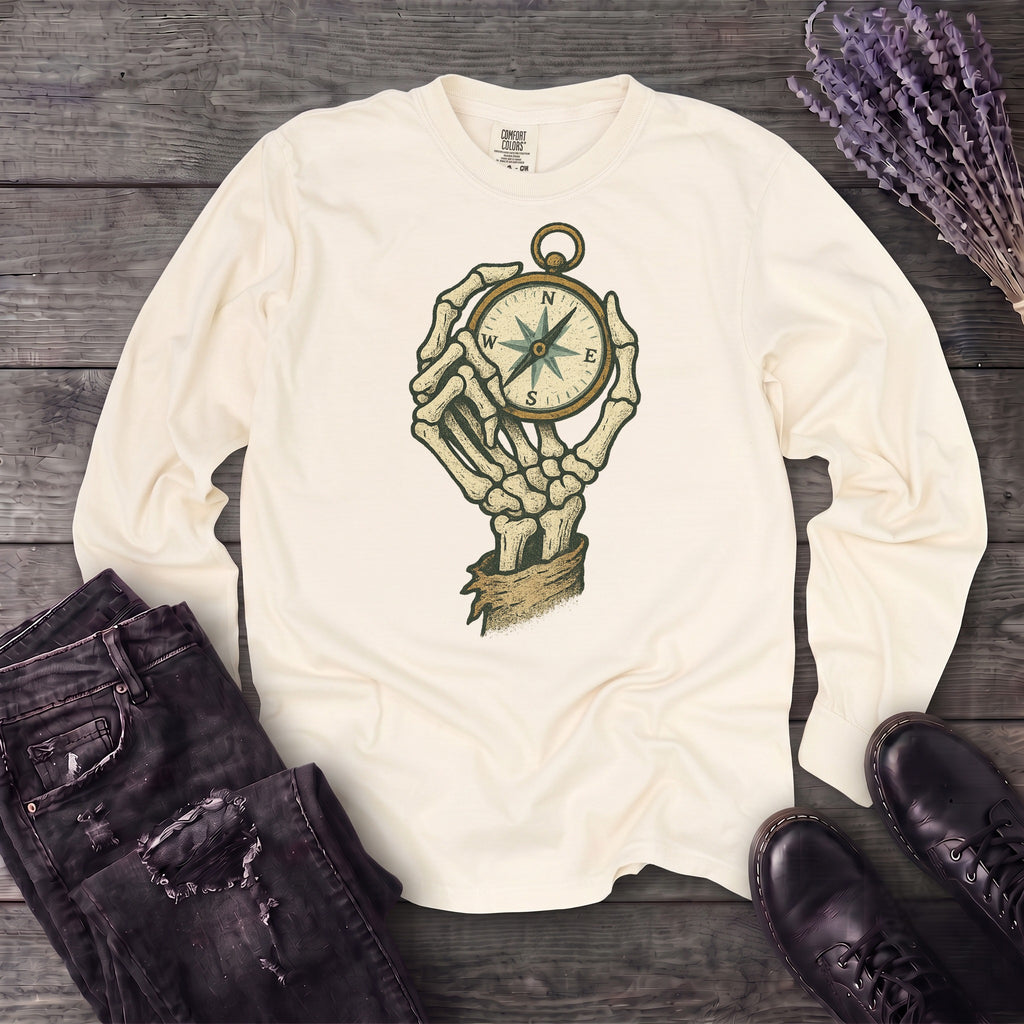Nautical Compass Skeleton Hand Long Sleeve T-Shirt