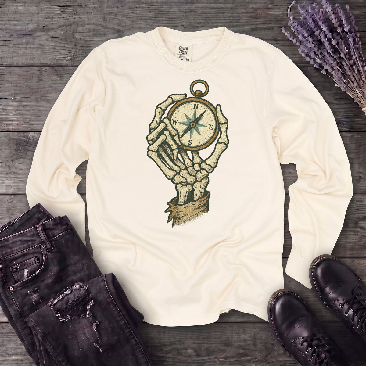 Nautical Compass Skeleton Hand Long Sleeve T-Shirt