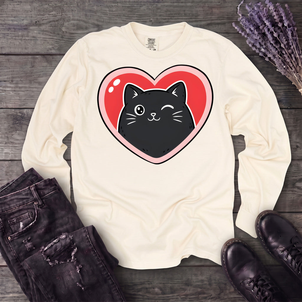 Winking Black Cat Heart Long Sleeve T-Shirt