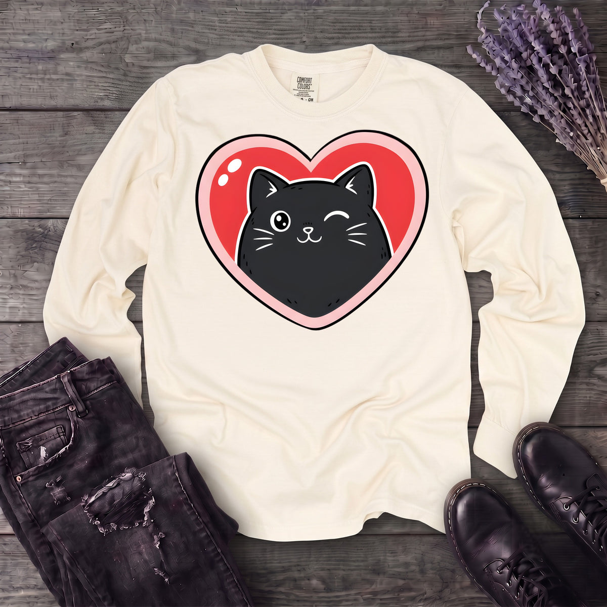 Winking Black Cat Heart Long Sleeve T-Shirt