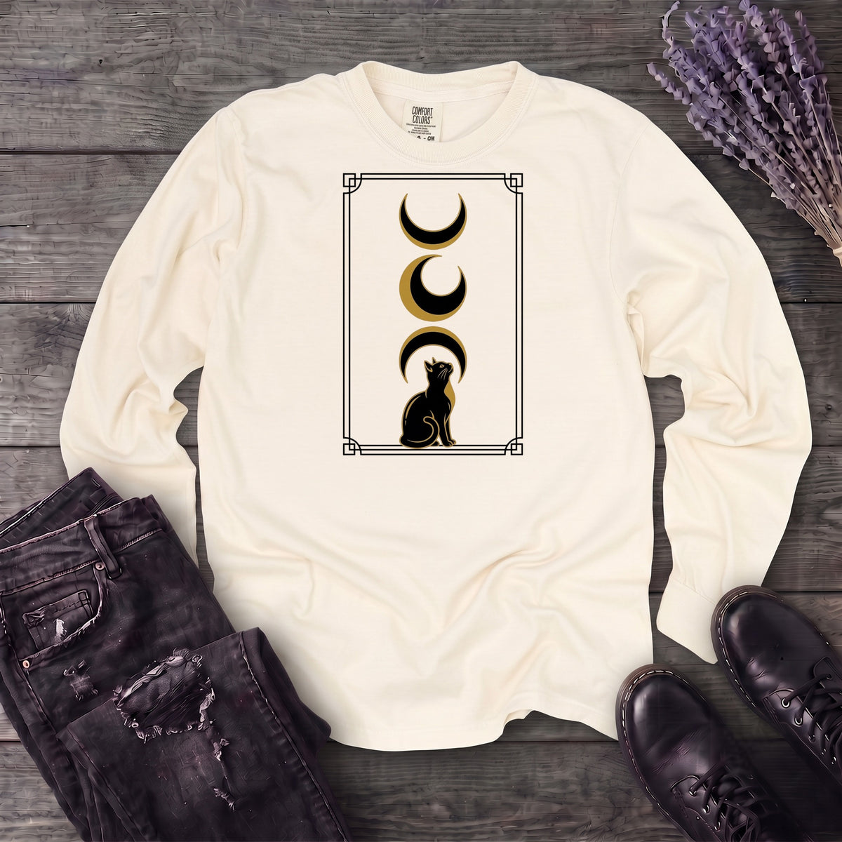 art deco black cat moon phases Long Sleeve T-Shirt