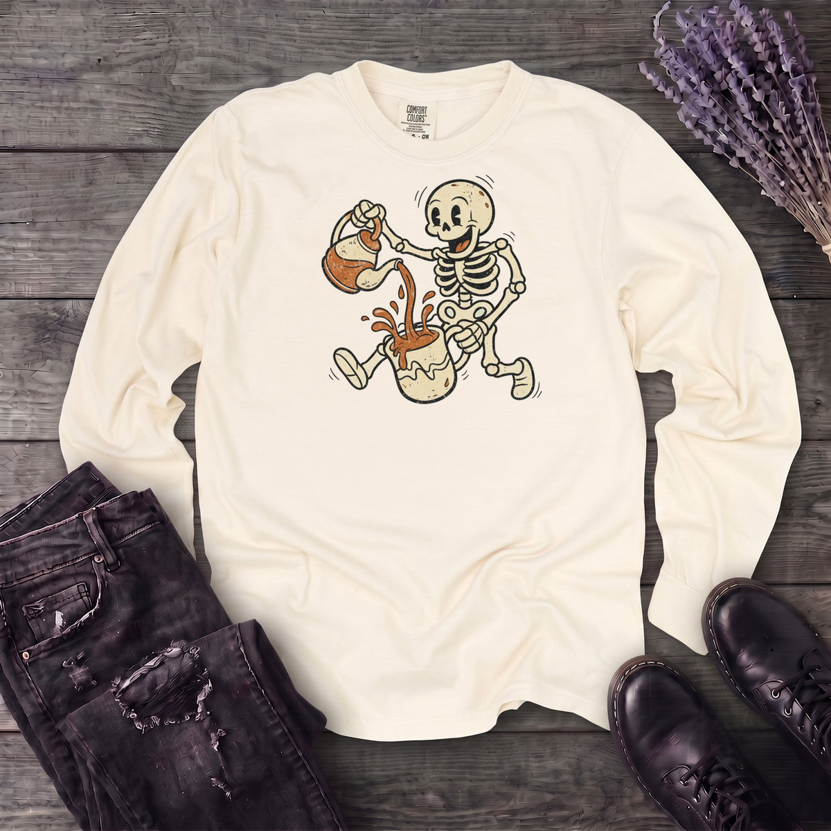 Coffee Skeleton Cartoon Long Sleeve T-Shirt